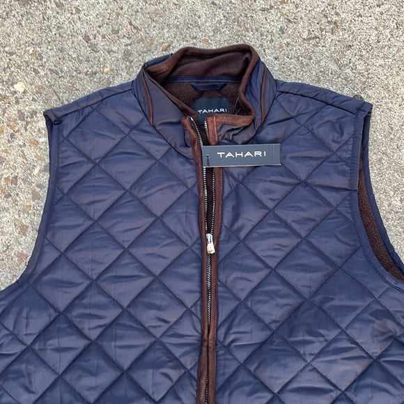 TAHARI Quilted Vest Zipper Pockets Navy Blue Brown Trim Size XXL New NWT - Picture 5 of 9